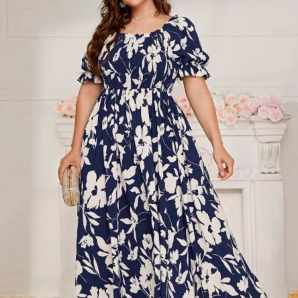 Floral Print Shirred Puff Sleeve Maxi Maxi 18/3X